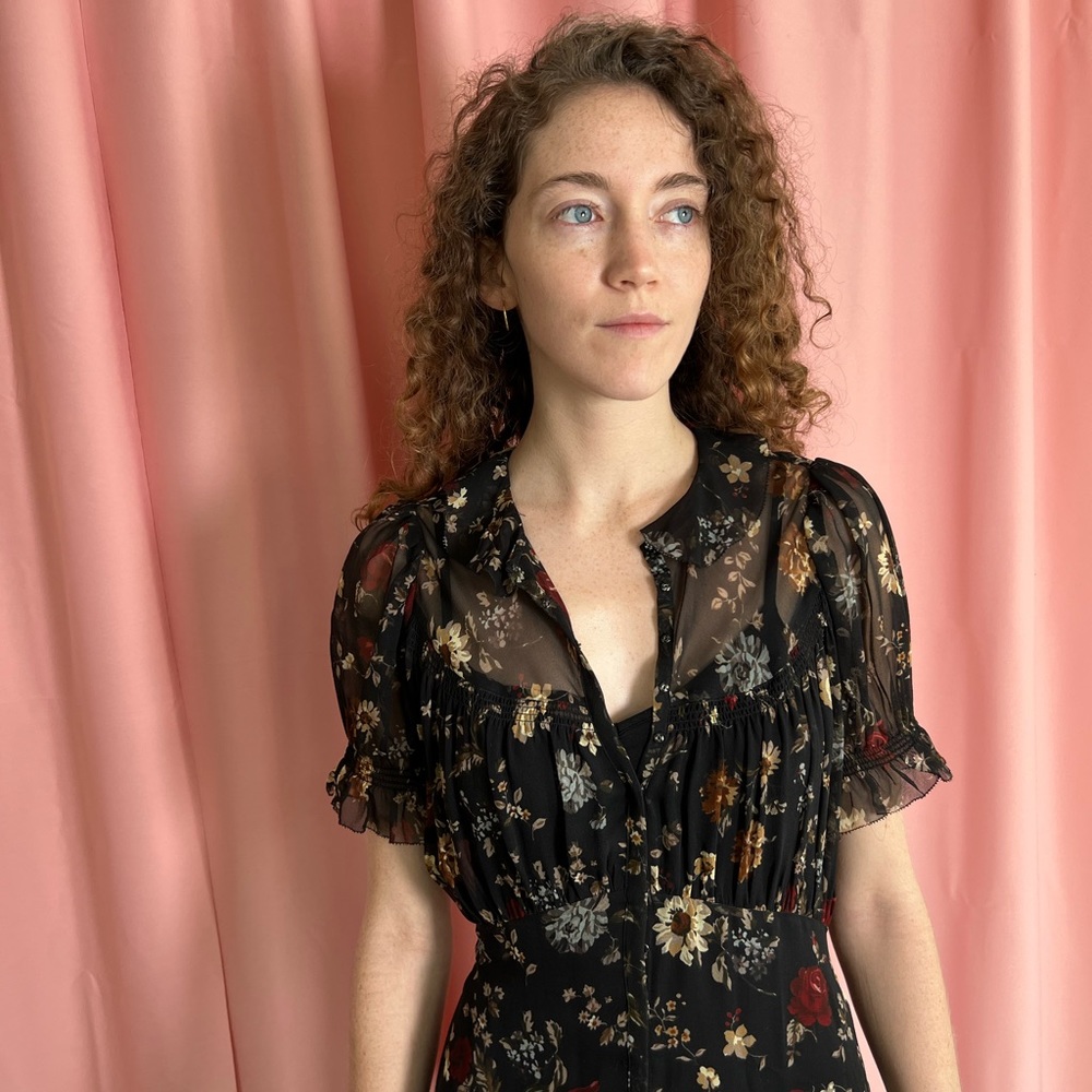 Doen size XS Black Champagne Floral silk mini dress